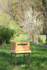 Bienenstock vor blühenden Obstbäumen